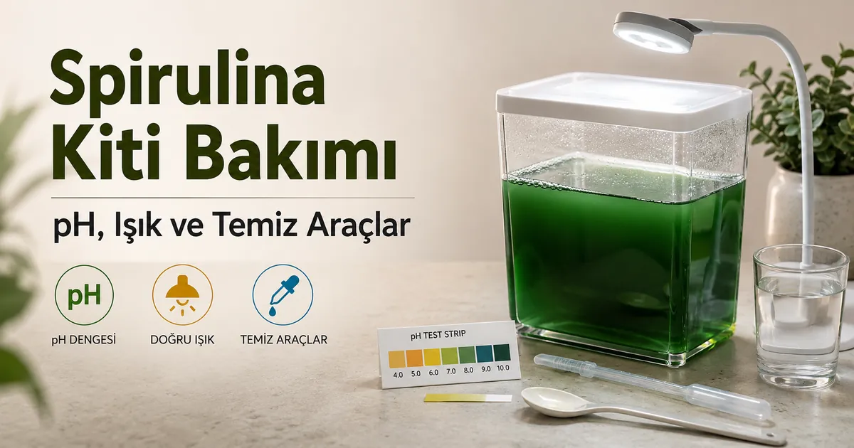 pH testi, ışık kontrolü ve temiz kültür araçlarıyla spirulina yetiştirme kiti bakımı