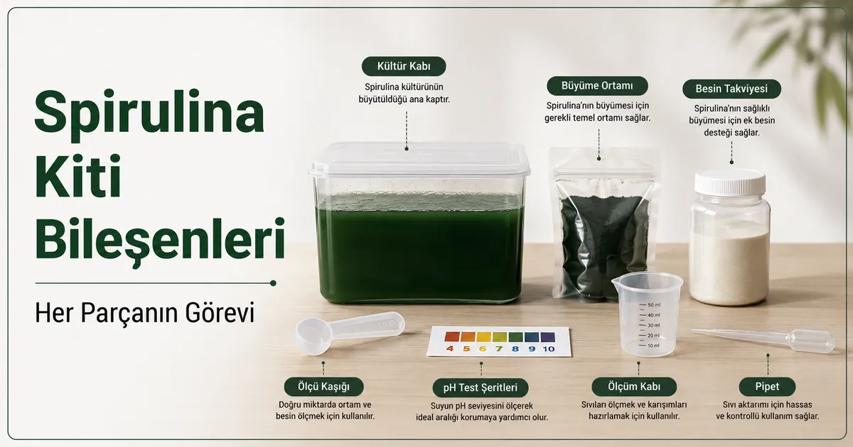 Kültür kabı, yetiştirme ortamı, besinler ve ölçüm araçlarından oluşan spirulina yetiştirme kiti bileşenleri