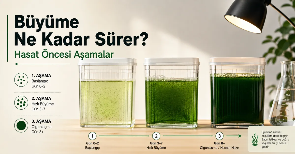 Hasat öncesinde farklı büyüme aşamalarında gösterilen spirulina yetiştirme kiti kültürü