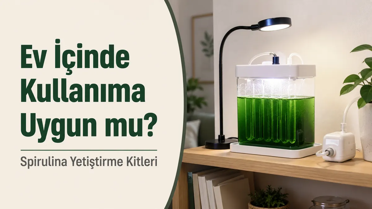 Kompakt ışık düzeniyle bir rafa yerleştirilmiş ev tipi spirulina yetiştirme kiti