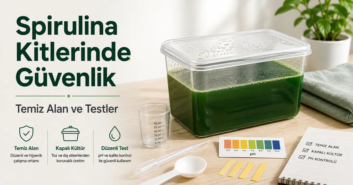 Kapalı kültür kabı ve test malzemeleri bulunan temiz spirulina yetiştirme kiti çalışma alanı