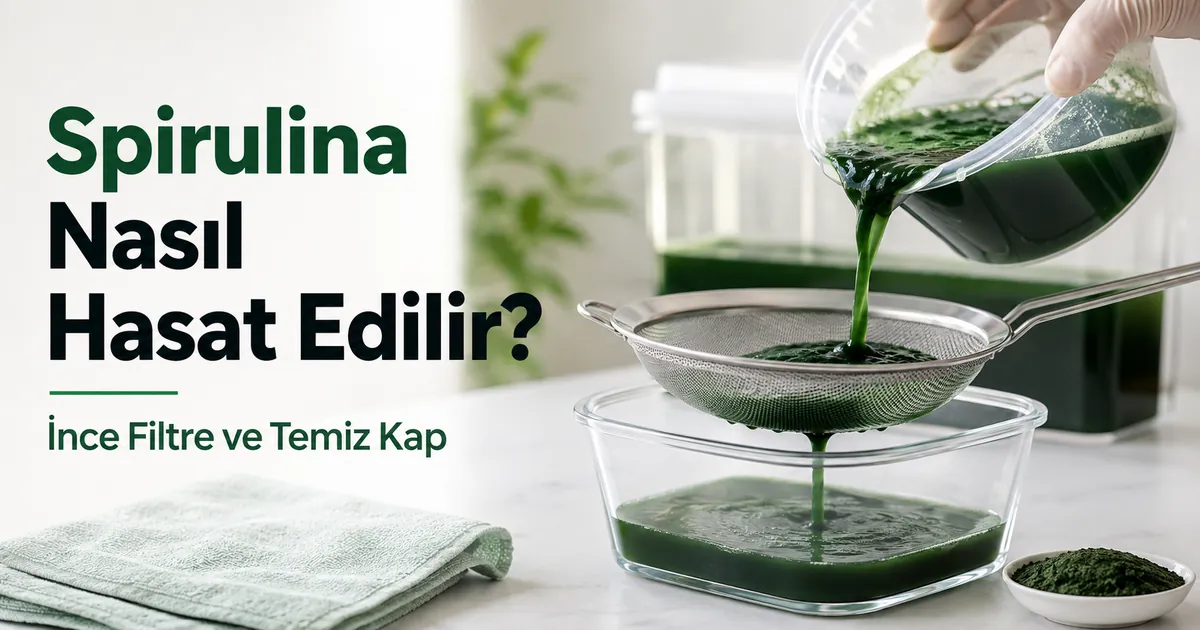 İnce filtre ve temiz kap kullanılarak ev tipi yetiştirme kitinden spirulina hasadı