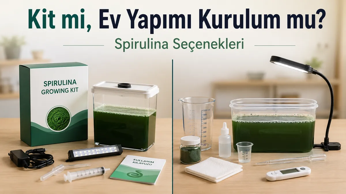 Paketli spirulina yetiştirme kiti ile ev yapımı spirulina kurulumunun yan yana karşılaştırması