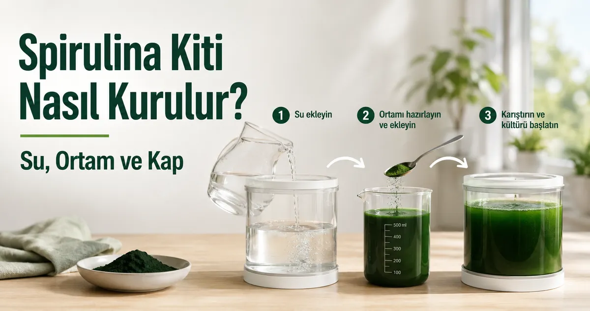 Su, kültür ortamı ve kapla adım adım spirulina yetiştirme kiti kurulumu