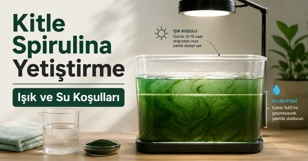 Kurulumdan sonra ışık ve su koşulları kontrol edilen şeffaf bir kapta büyüyen spirulina