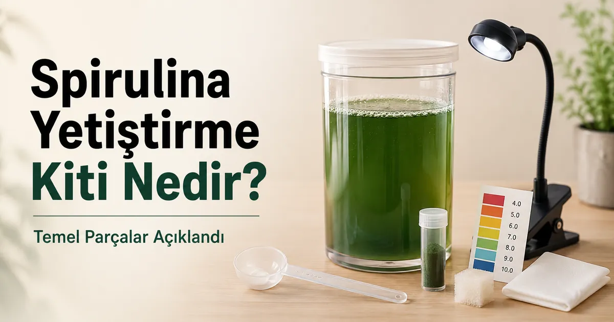 Şeffaf bir kültür kabının yanında sıralanmış temel spirulina yetiştirme kiti parçaları