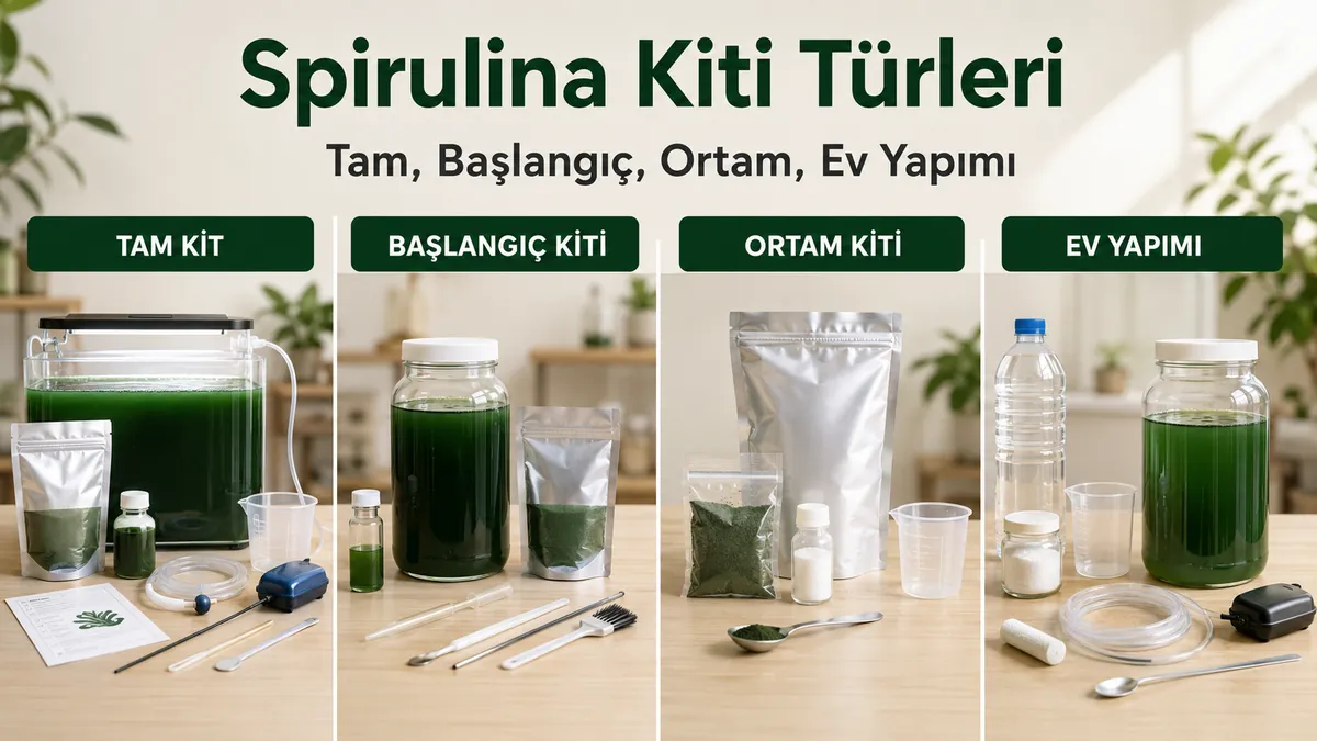 Tam, başlangıç, yetiştirme ortamı ve ev yapımı seçenekleriyle farklı spirulina yetiştirme kiti türleri