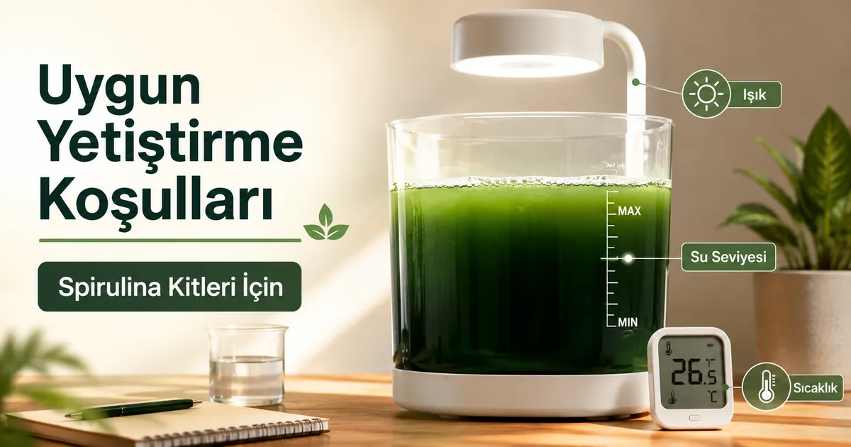 Işık altında su seviyesi ve sıcaklığı izlenen kapalı alan spirulina yetiştirme kiti