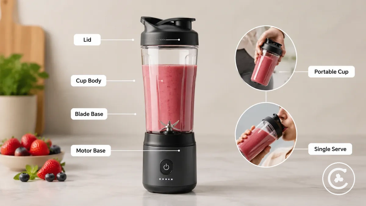 Kabelloser persönlicher Mixer, dargestellt als tragbarer Mixbecher mit beschriftetem Becherkörper, Deckel, Messersockel und Motorblock