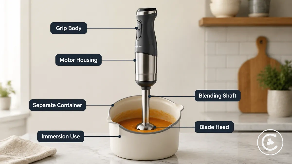 Kabelloser Stabmixer, dargestellt als wiederaufladbarer Tauchmixer mit beschriftetem Handgriffkörper, Mixschaft, Messer und Behälter