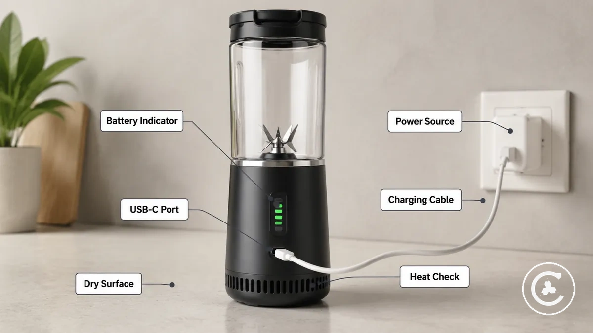Sicherer Ladevorgang eines kabellosen Mixers mit trockenem USB-C-Anschluss, Kabel, Stromquelle und Akkustandsanzeige