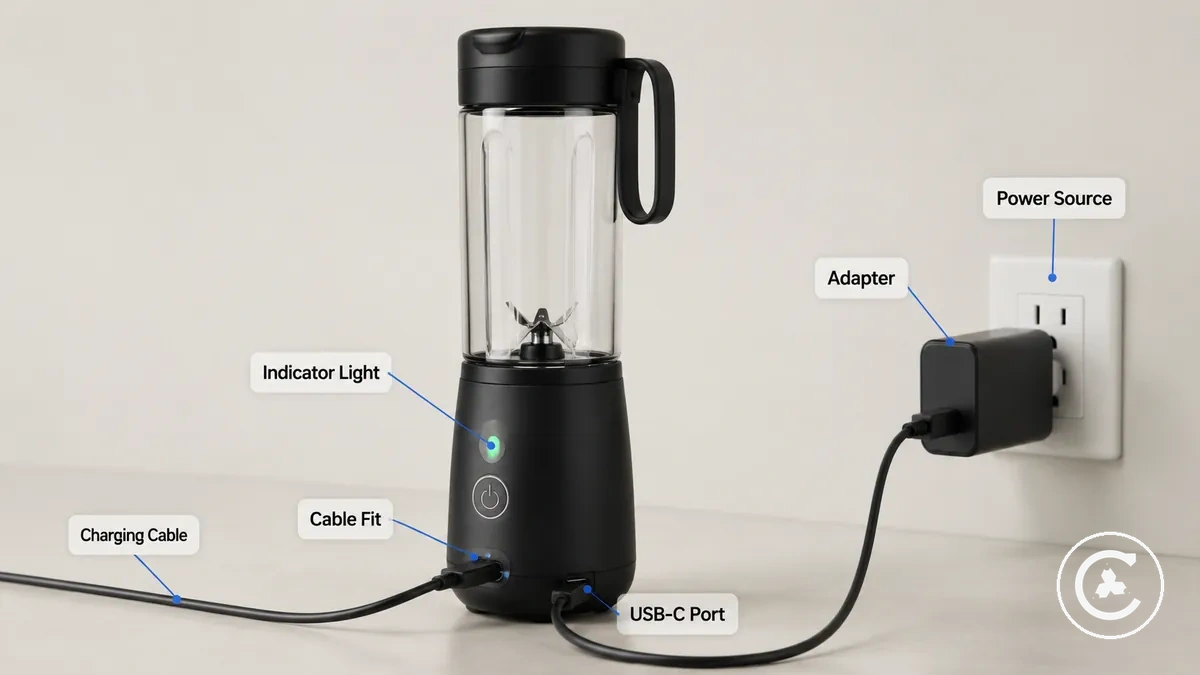 USB-C-Ladekabel, Anschluss des kabellosen Mixers und Netzteil für externe Ladeüberprüfungen