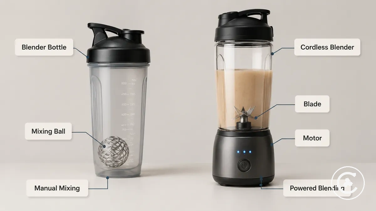 Shaker und kabelloser Shaker-Mixer im Vergleich: Mixkugel, Motor, Messer sowie manuelle versus motorisierte Funktion