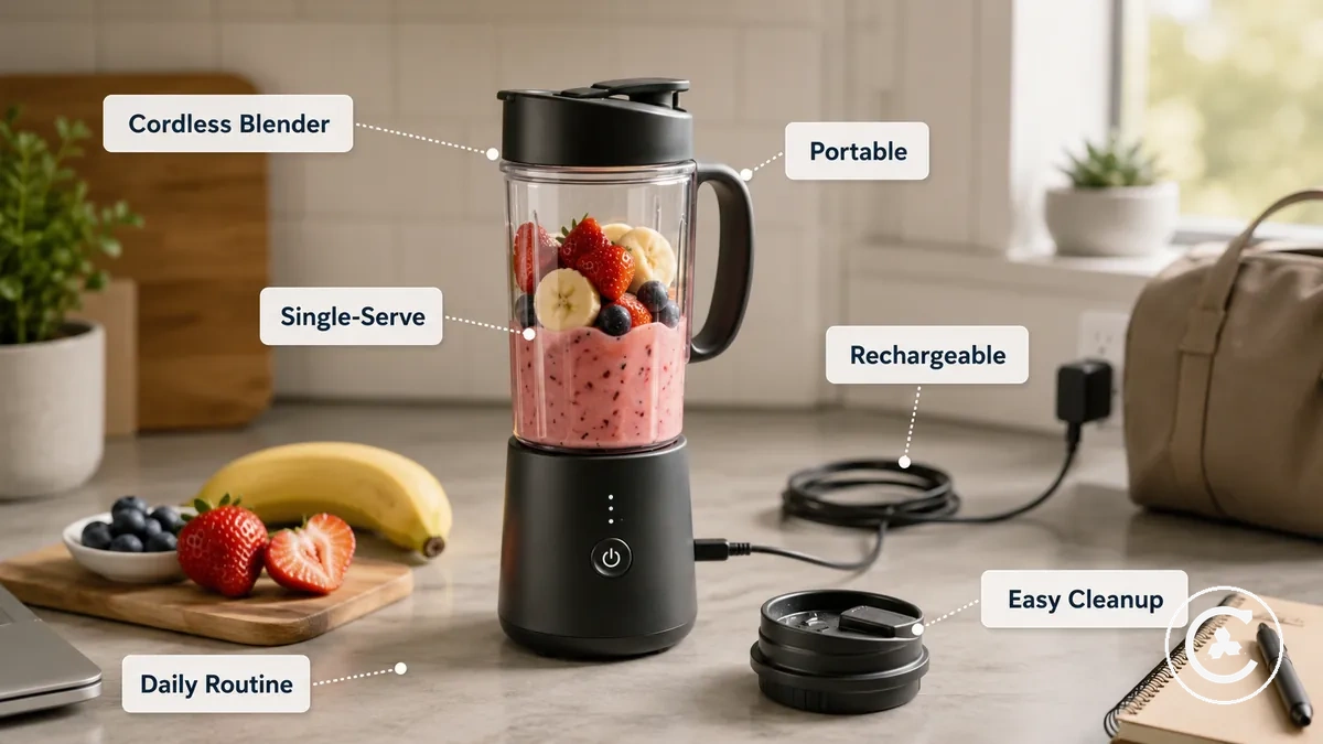 Kabelloser Mixer für die tägliche Zubereitung von Smoothies in Einzelportionen auf einer Küchentheke