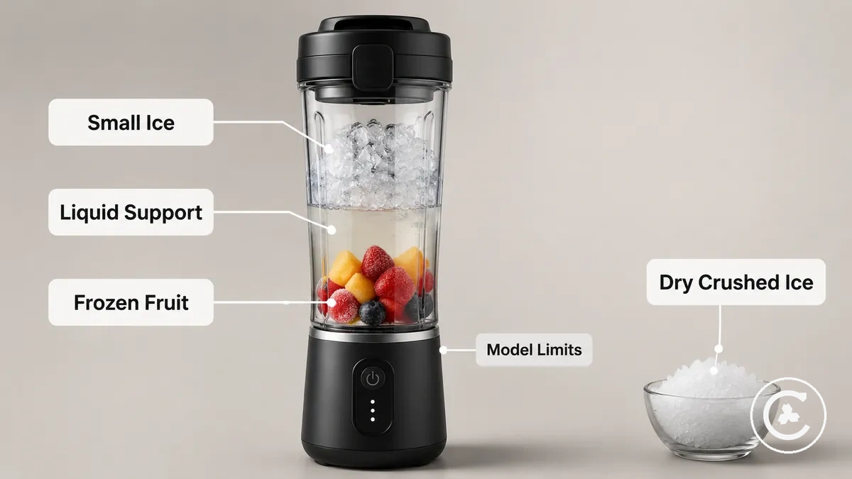 Kabelloser Mixer mit kleinen Eisstücken und Flüssigkeit, der realistische Eis-Mix-Bedingungen zeigt