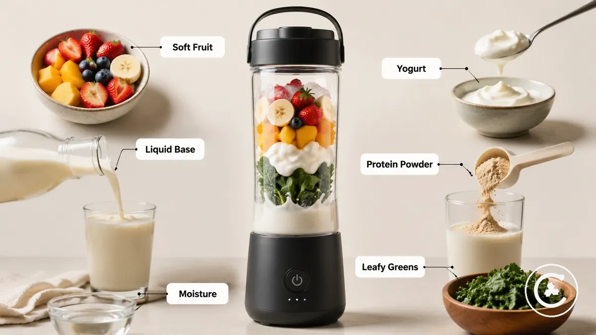 Kabelloser Mixer mit weichem Obst, Joghurt, flüssigen Basen und anderen geeigneten Zutaten