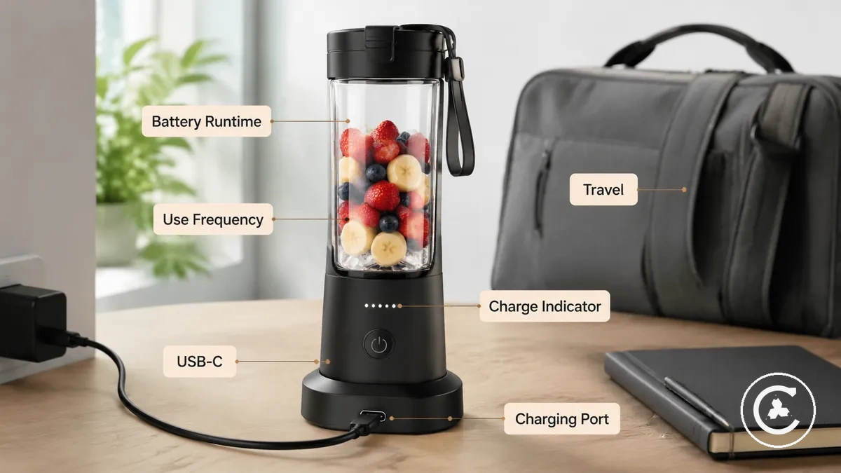 Cordless blender charging with USB-C cable and visible battery indicator