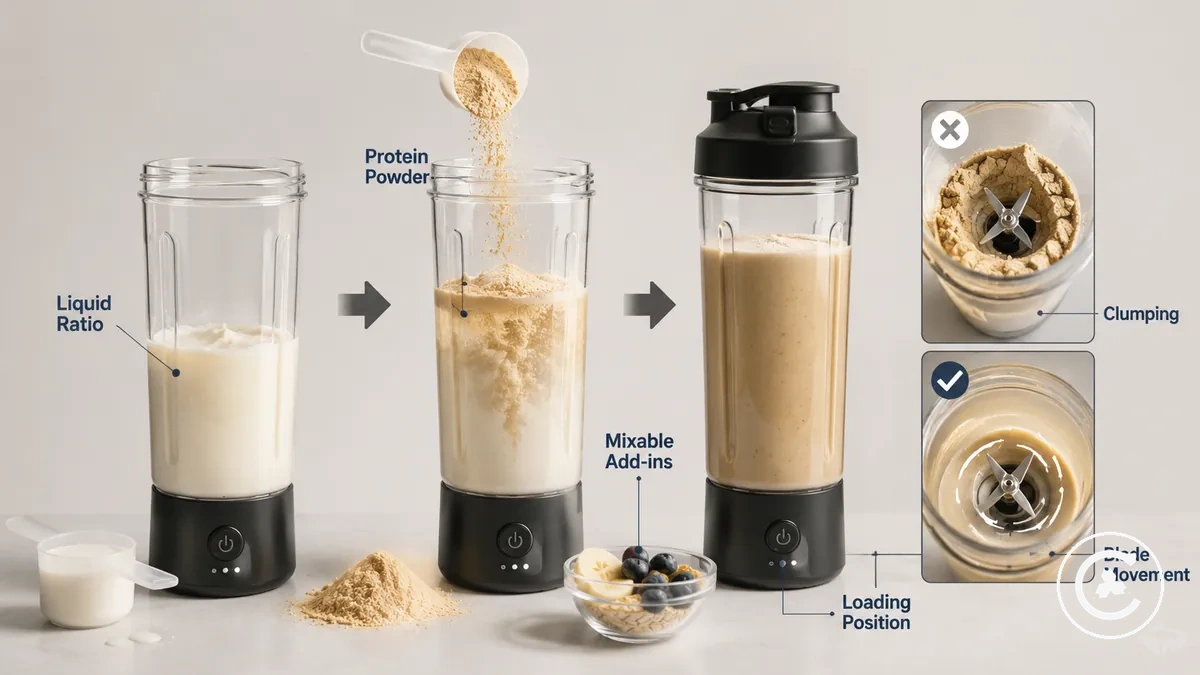 Protein powder and mixable add-ins prepared with liquid in a cordless blender