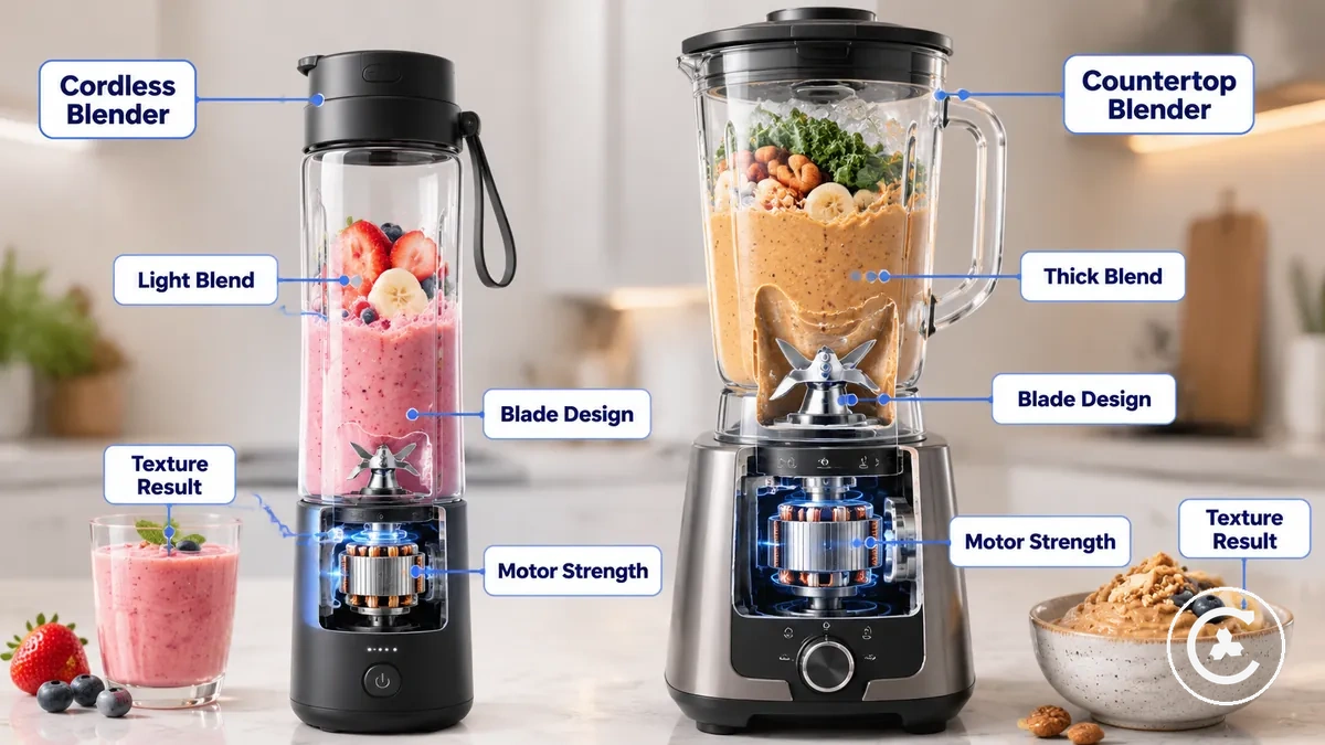 Comparison of cordless and countertop blender power, motor strength, and blending texture outcomes