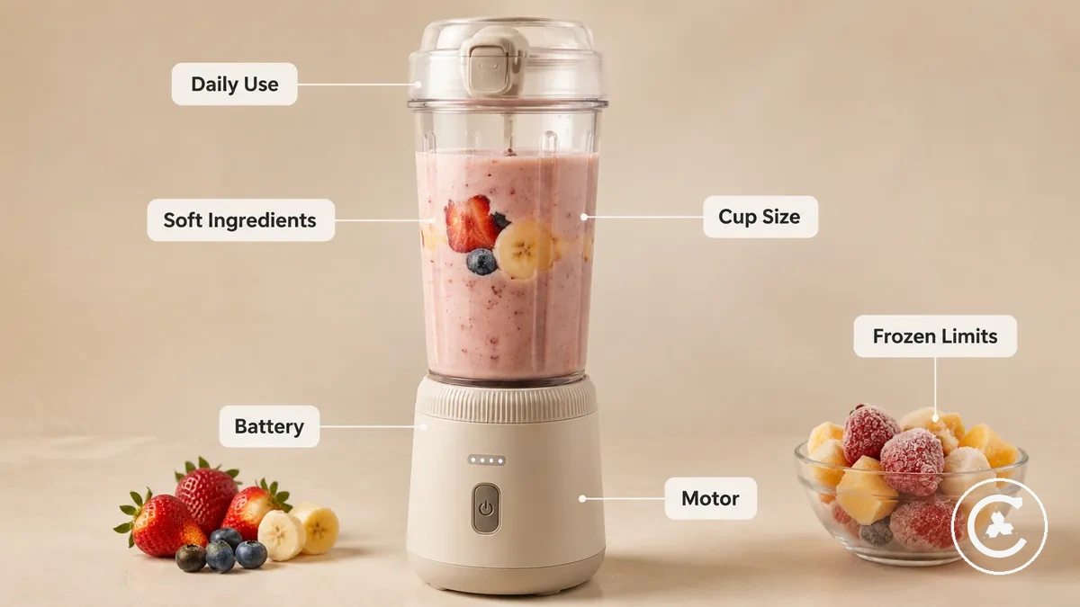 Cordless blender with battery, cup, lid, blade area, and smoothie use context