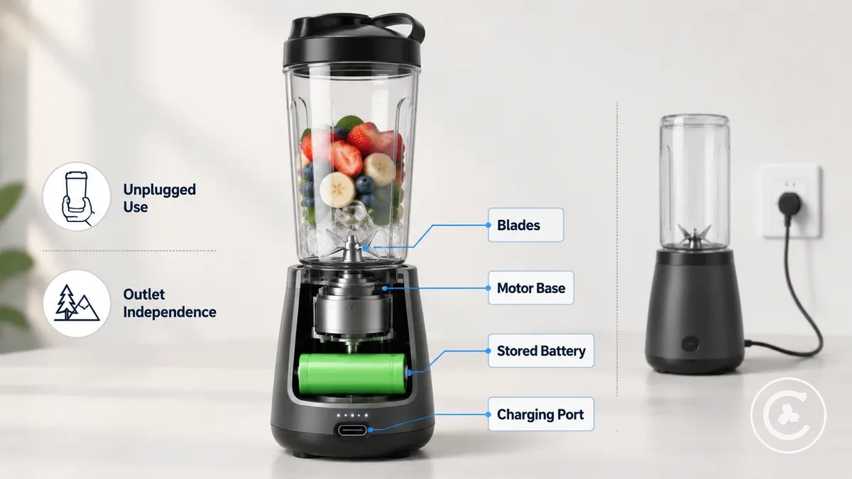 Simple diagram showing stored battery power, charging port, motor base and blades in a cordless blender