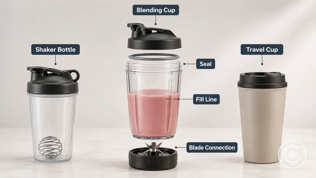 Comparison of a blending cup, shaker bottle, and travel cup