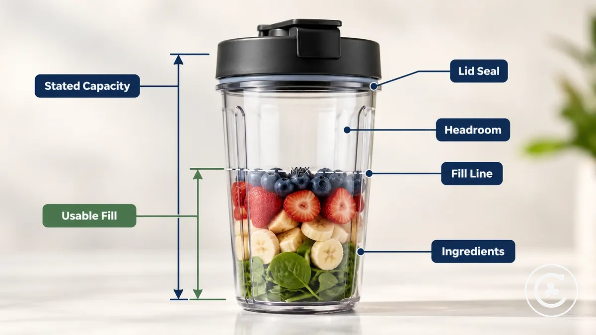Annotated diagram showing usable fill volume and stated cup capacity