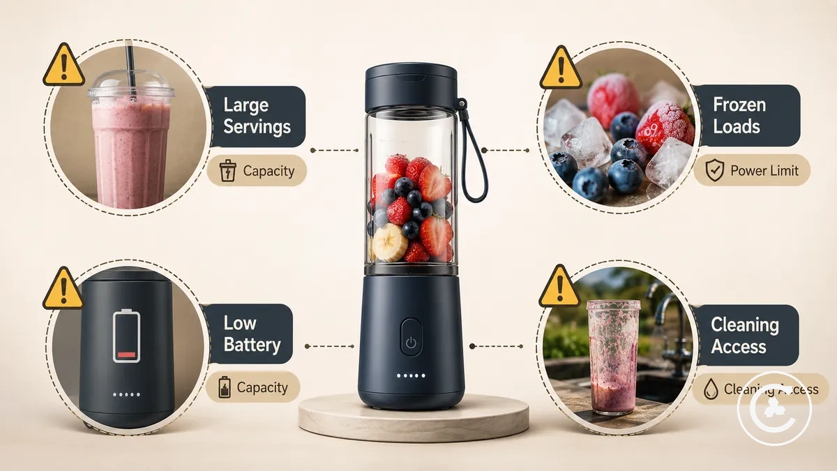 Portable blender weak fit conditions with frozen ingredients large serving and low battery