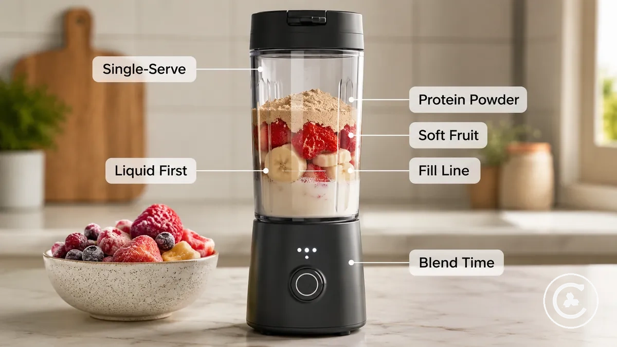 Batidora inalámbrica para raciones individuales con fruta blanda, líquido y proteína en polvo para un batido