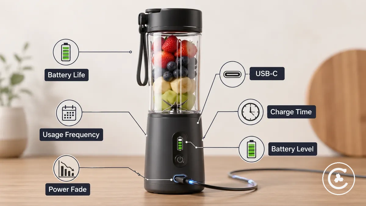 Configuración de carga de batidora inalámbrica con puerto USB-C, indicador de batería y etiquetas de comprobación de autonomía
