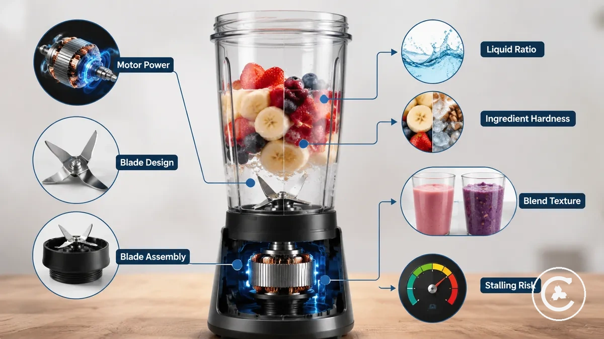 Conjunto de cuchillas y base del motor de una batidora inalámbrica con fruta y líquido como referencia de textura