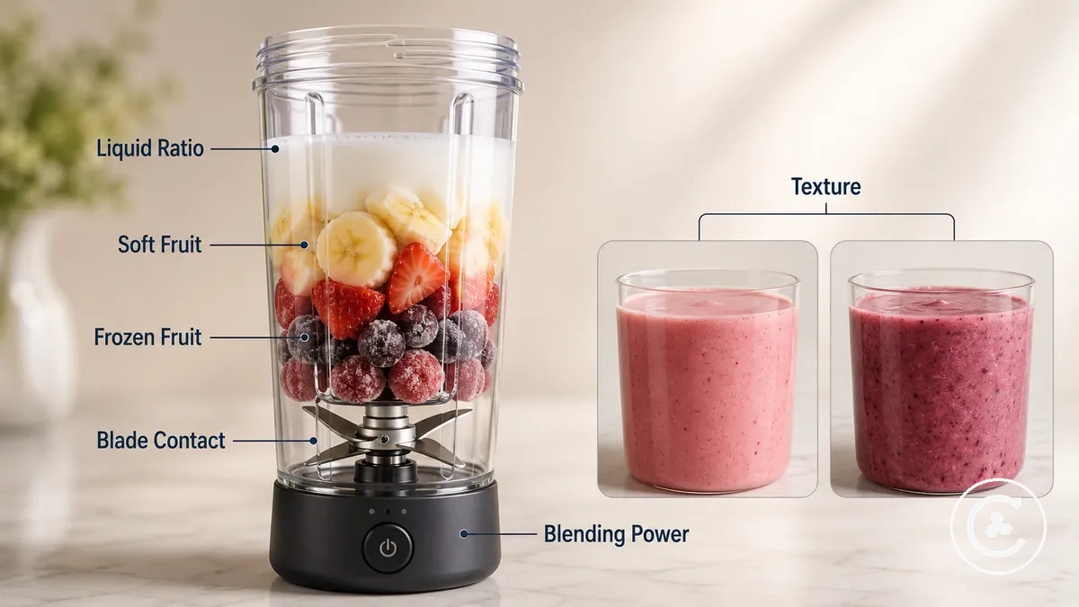 Ingredientes para batido con batidora inalámbrica que muestran el nivel de líquido, trozos de fruta y factores que afectan la textura del mezclado