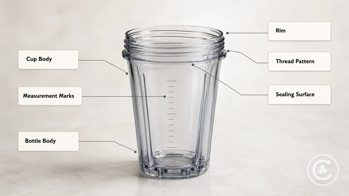 Vaso mezclador anotado que muestra marcas de medición, borde, zona de rosca, cuerpo del vaso y superficie de sellado