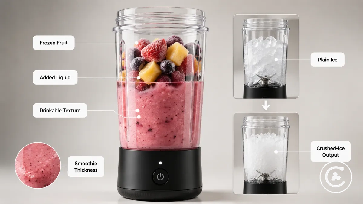 Fruits surgelés, liquide et blender sans fil montrant les limites de consistance des boissons glacées