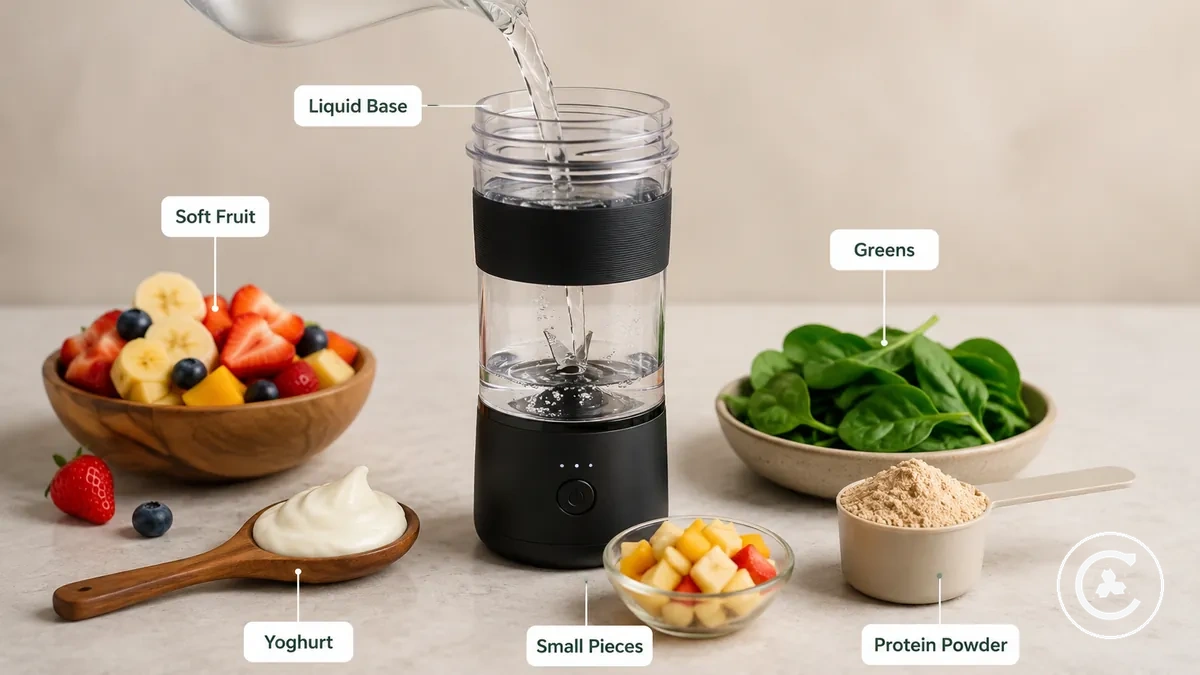 Ingrédients de smoothie faciles à mixer comprenant du liquide, des fruits mous, du yaourt, des légumes verts et de la poudre de protéines dans un blender sans fil