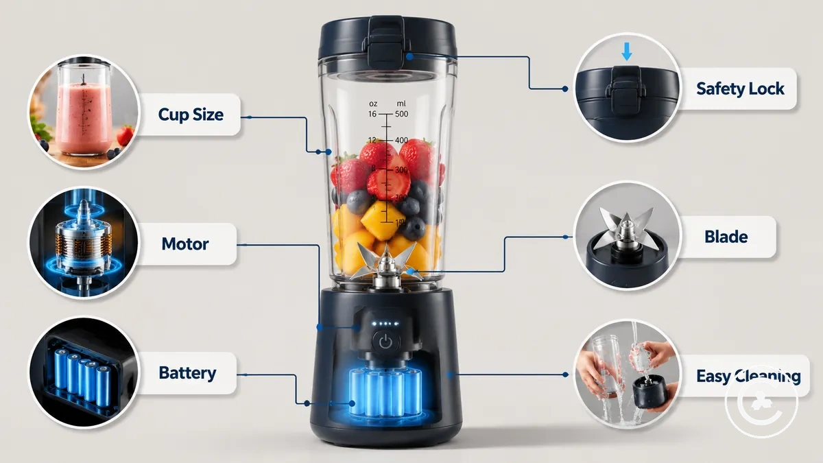Blender sans fil montrant la batterie, le gobelet, le couvercle, la zone des lames et le contexte de liste de vérification avant achat