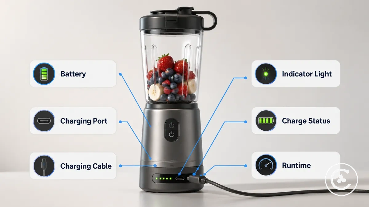 Blender sans fil montrant la batterie, le port de charge, le câble, le voyant lumineux et le contexte d’état de charge
