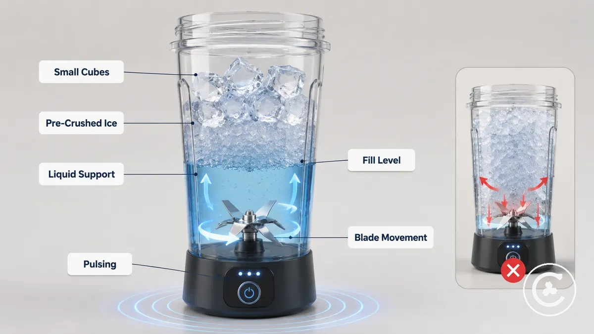 Cubos pequenos, gelo pré-triturado e líquido mostrados para uso de gelo em liquidificador sem fio