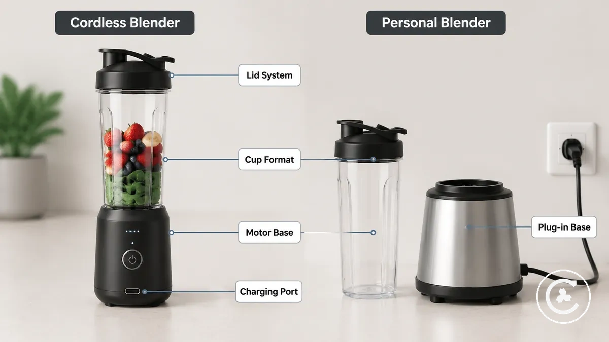 Diferenças de design entre liquidificador sem fio e liquidificador pessoal mostrando base do motor, encaixe do copo, sistema de tampa e configuração de energia