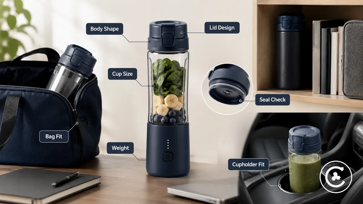 Liquidificador sem fio mostrando portabilidade e encaixe no armazenamento com copo, tampa e posicionamento em bolsa