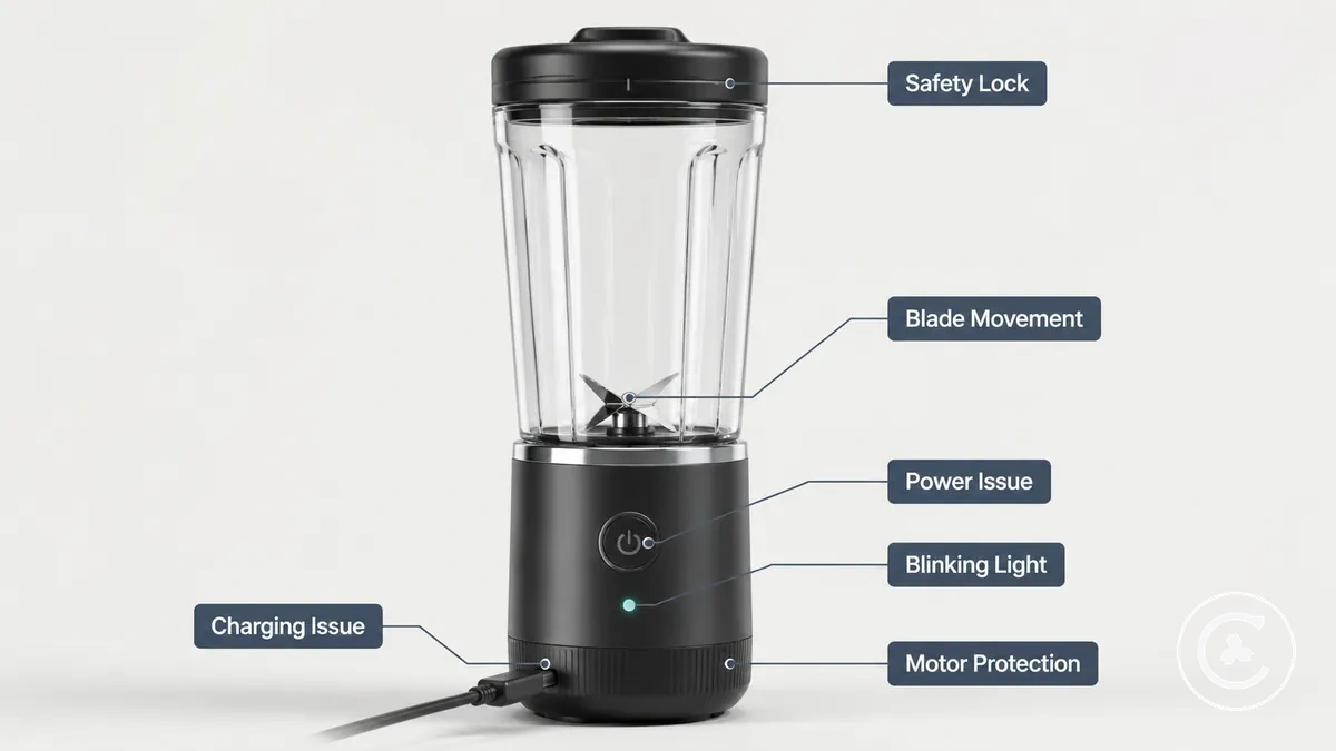 Liquidificador sem fio identificado mostrando porta de carregamento, luz indicadora, trava de segurança, lâminas e base do motor para solução de sintomas