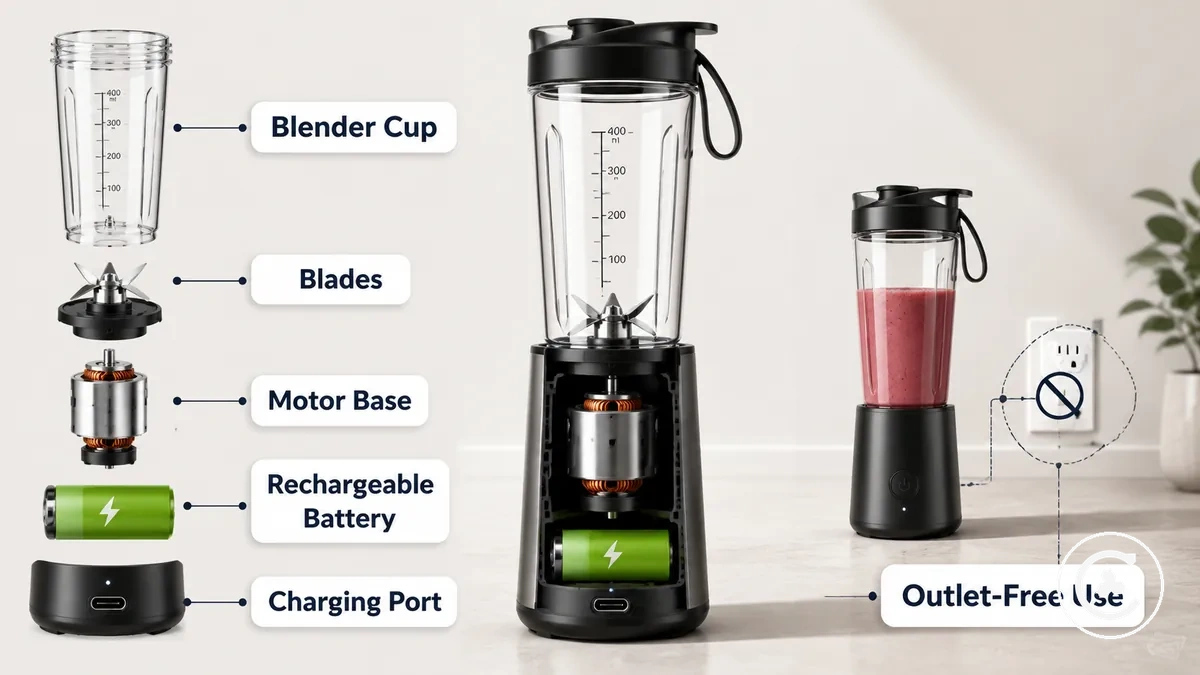 Blender kabı, motor tabanı, bıçaklar ve şarj portuna sahip kablosuz blender