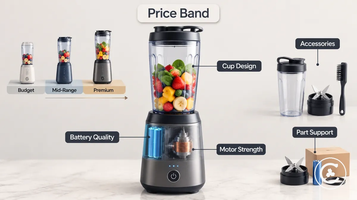 Pil, motor, kap tasarımı, aksesuarlar ve parça desteği dahil kablosuz blender fiyat faktörleri