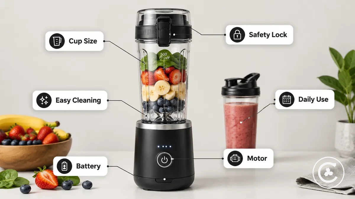 Pili, kabı, kapağı, bıçak alanı ve günlük kullanım bağlamı gösteren kablosuz blender