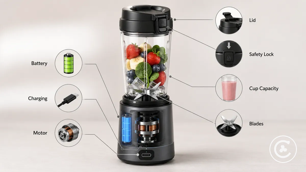 Pil, motor tabanı, bıçaklar, bardak ve kapağı gösteren kablosuz blender özellik şeması