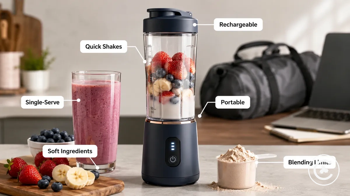 Tek porsiyonluk smoothie için hazırlanmış kablosuz blender, yanında meyve ve sıvı