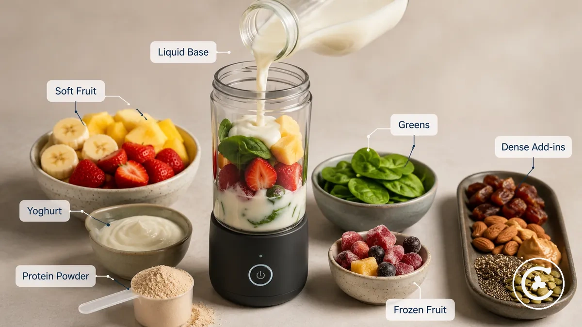 Kablosuz bir blender için uygun smoothie malzemeleri: sıvı, yumuşak meyve, yoğurt, yeşillikler ve protein tozu