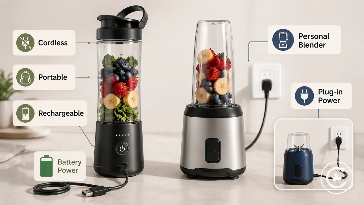 Kablosuz, taşınabilir, şarj edilebilir ve kişisel blender anlamlarını güç kaynağı ve bardak formatına göre karşılaştıran diyagram