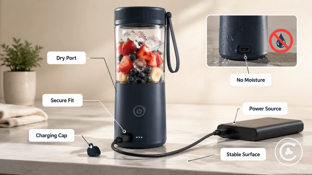Kuru kablosuz blender şarj portu, kablo ve güvenli güç kaynağı sabit bir yüzeyde gösteriliyor