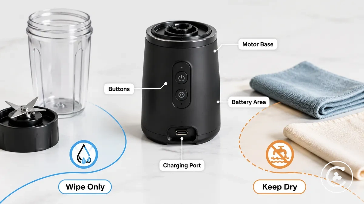 Kablosuz blender motor tabanı ve şarj portu temizlik sınırı